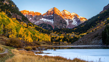 Sunset view of the lake and snow-capped mountains in autumnの素材