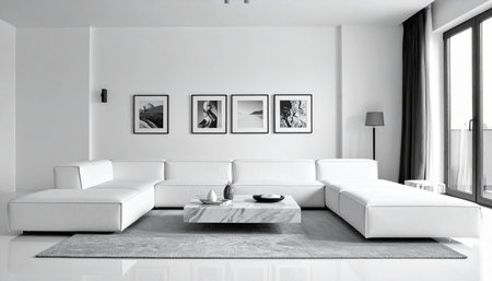 Modern bright interiors 3D rendering illustration. Living room computer generated imageの素材