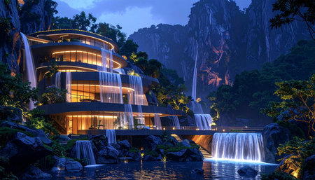 Vietnam, Nha Trang. Waterfall in the evening.の素材