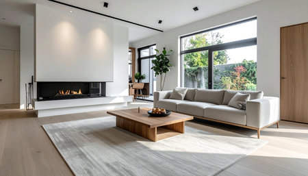 Interior of modern house, living room with fireplace and wooden floorの素材