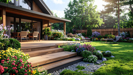 Wooden deck with beautiful landscaping in the backyard of the houseの素材