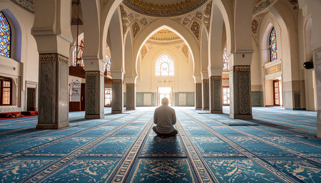 Religious muslim man praying inside the mosque in Istanbul, Turkeyの素材