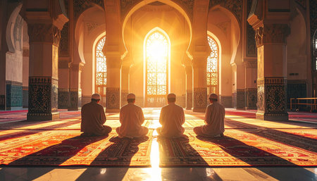 Religious muslims praying in the mosque at sunset. Ramadan Kareemの素材
