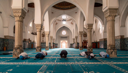 Muslim men pray in the prayer hall of the mosque in Jerusalemの素材