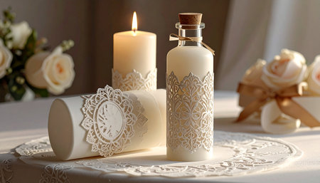 Aromatherapy oil in glass bottle on table with candles and flowersの素材