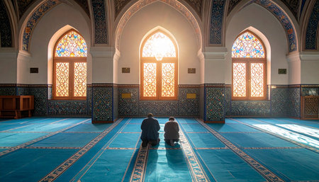 Two Muslim men praying in the mosqueの素材