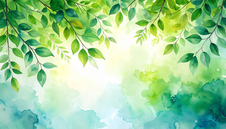 Watercolor spring background with green leaves. Vector illustration for your designの素材