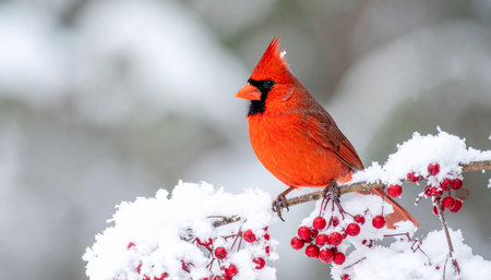 Male Northern Cardinal (cardinalis cardinalis) on a snow covered branchの素材