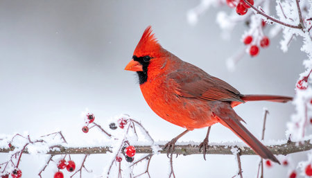 Male Northern Cardinal (cardinalis cardinalis) perched on a branch covered with snowの素材