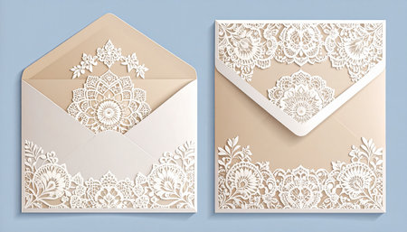 Envelope with lace ornament. Template for greeting card, wedding invitation.の素材