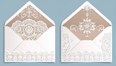 Open envelope with lace ornament. Template for greeting card, wedding invitation. Vector illustrationの素材
