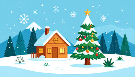 Winter landscape with house and christmas tree. Vector flat illustration.の素材
