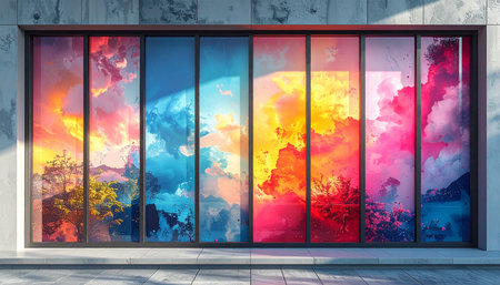 3d render of modern glass wall with colorful abstract painting background.の素材