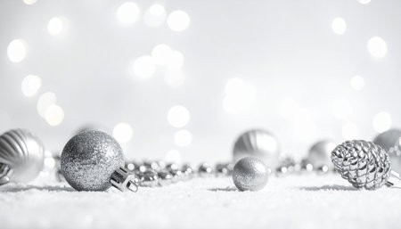 Silver christmas balls on snow with bokeh lights background.の素材