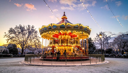 Carousel in the park at sunset. Winter landscape with beautiful carousel.の素材