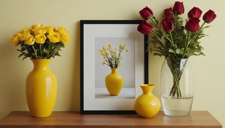 Vase with beautiful flowers on table near yellow wall. Interior designの素材