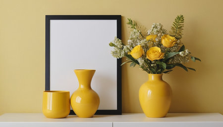 Yellow vase with flowers and black frame on a white table.の素材