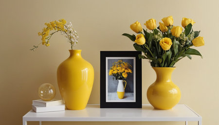 Yellow vases with flowers and photo frames on table near color wallの素材