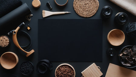 Flat lay composition with coffee products on black background. Space for textの素材