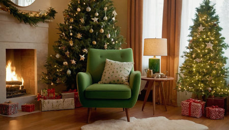 Green armchair in the interior of the room with a Christmas treeの素材
