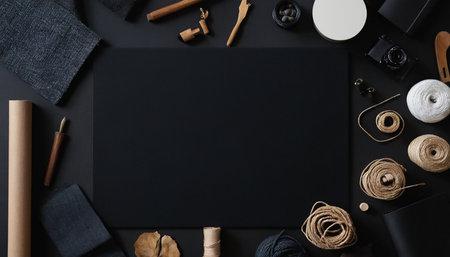 Designer workspace with blank black board, accessories and stationery on black background. Flat lay, top viewの素材