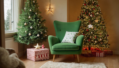 Green armchair in the living room with a Christmas tree and giftsの素材