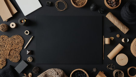 Flat lay composition with blank blackboard mock up on black background.の素材