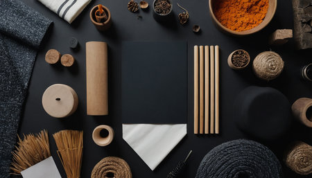 top view of wooden chopsticks, chinese incense sticks, chopsticks, tea bags and blank notebook on black surfaceの素材