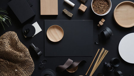 Flat lay composition with blank card, coffee and accessories on black backgroundの素材