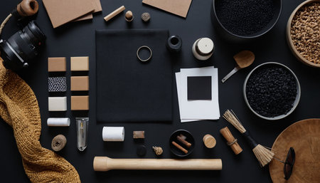 Flat lay composition with photo frame and accessories on black background.の素材