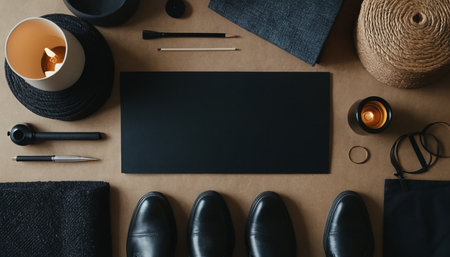 Top view of stylish men's accessories on brown background, flat layの素材