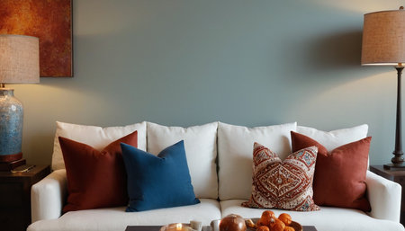 Interior of a modern living room with pillows on a sofaの素材