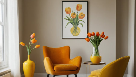 Yellow armchair and vase with orange tulips in living roomの素材