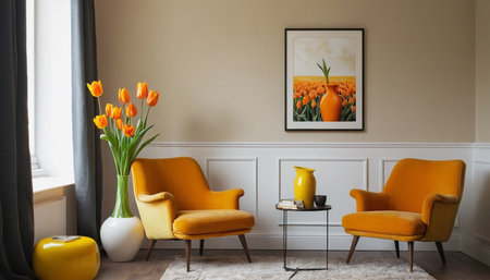 Yellow armchairs and vase with tulips in living room interiorの素材