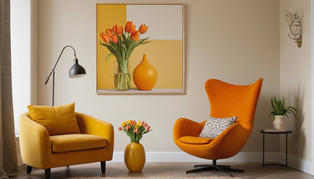 Modern living room interior with yellow armchairs and vase with tulipsの素材