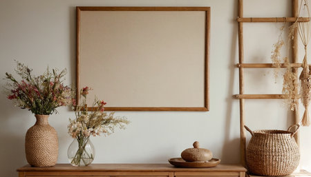 Interior of living room with mock up poster frame, vase and decoration elementsの素材