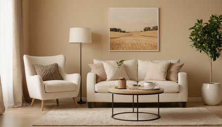 Living room interior with comfortable sofa, coffee table and picture on wallの素材