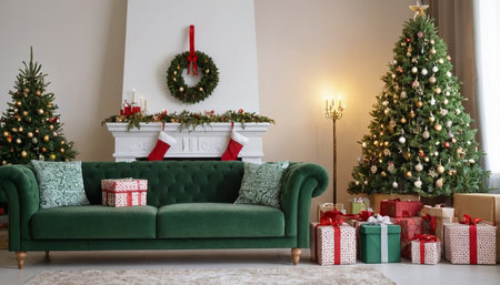 Interior of living room with Christmas tree, fireplace and green sofaの素材