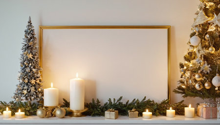 Christmas tree with candles in the interior of the room with a frameの素材