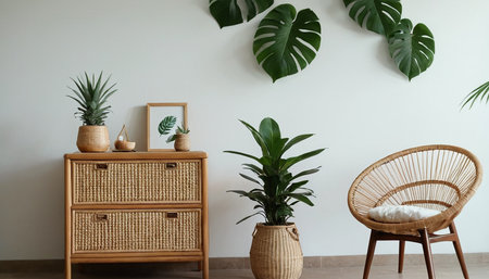 Interior of living room with rattan furniture and green plants in potsの素材