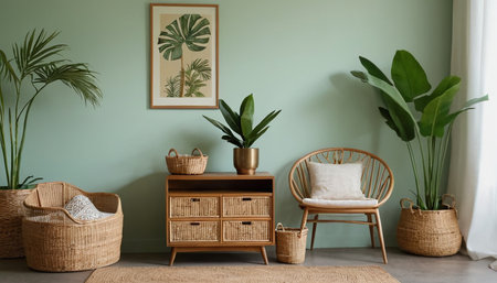 Interior of living room with wooden commode, rattan chair and plantsの素材