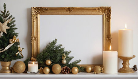 Christmas decoration with golden frame and candles on mantelpiece in roomの素材