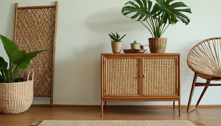 Interior design of living room with wooden commode, rattan armchair and plantsの素材