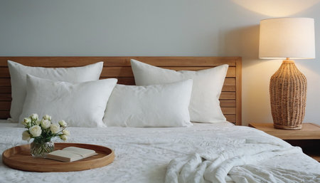 White pillows on a bed with a lamp in the bedroom.の素材