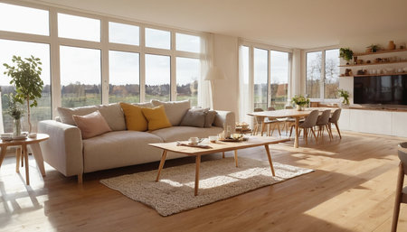 interior of modern bright living room with sofa, coffee table and windowの素材