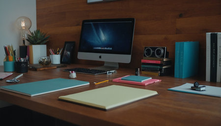 Close up of a desk with computer, stationery and other itemsの素材