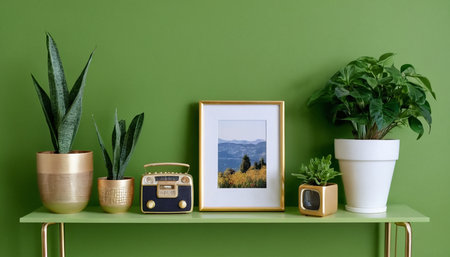 Stylish room decor with plants, photo frame and retro radio on green wallの素材