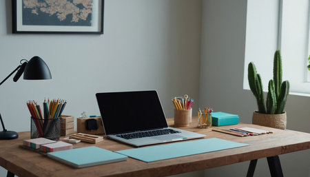 Close up of modern workspace with laptop, stationery and decorations on wooden tableの素材
