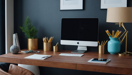 Stylish workplace with computer and stationery on wooden table in officeの素材