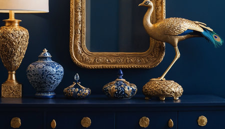 Vintage blue mirror and golden peacock figurine on blue wallの素材